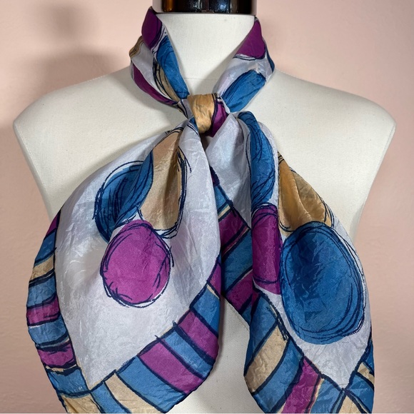 Vintage 40 50 Retro MOD Large Circle Dot Magenta Blue Large Square Scarf - Picture 11 of 17